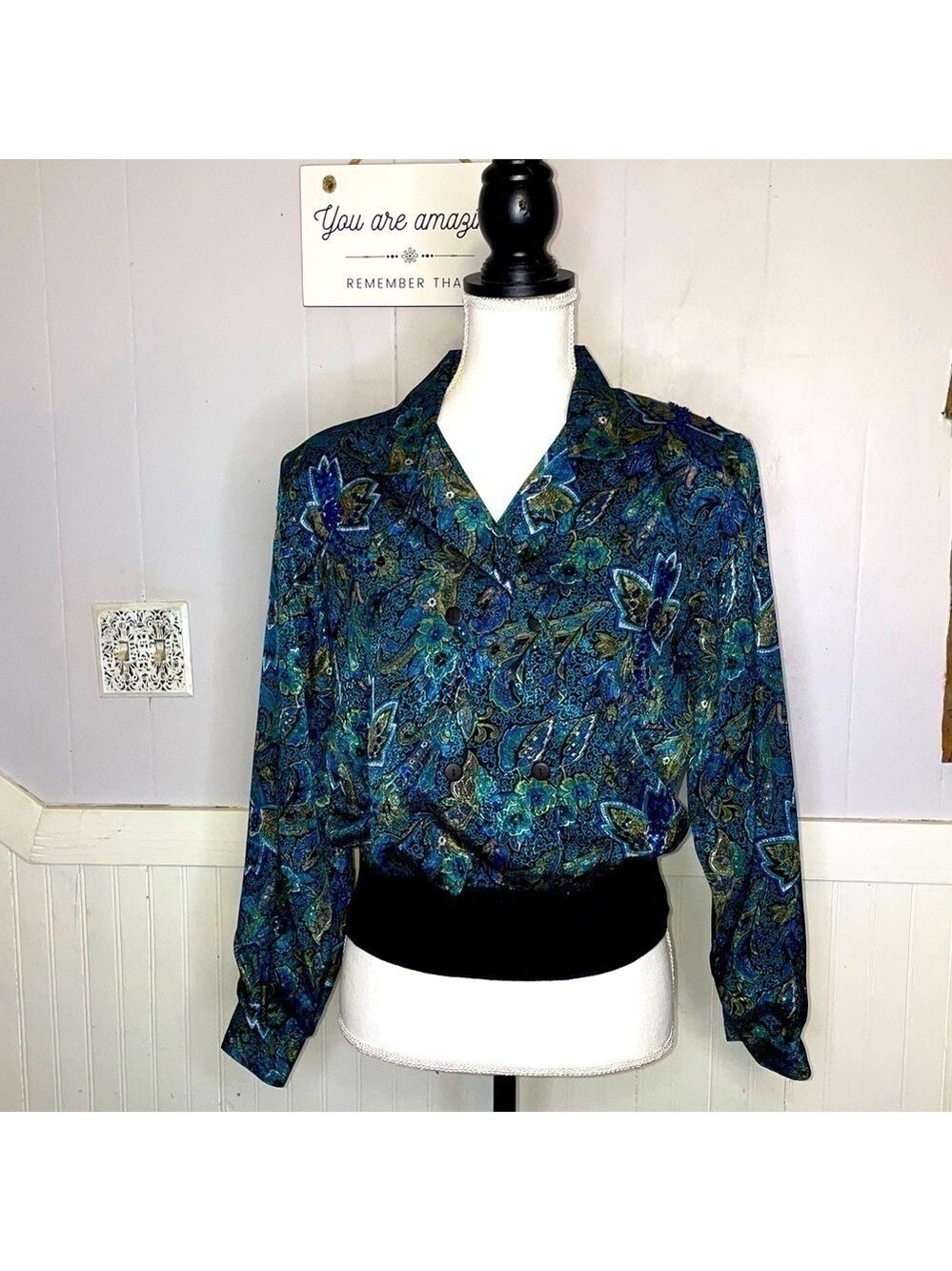 VINTAGE 90s paisley peacock teal Blouse Shoulder Pads banded waist NOTATIONS